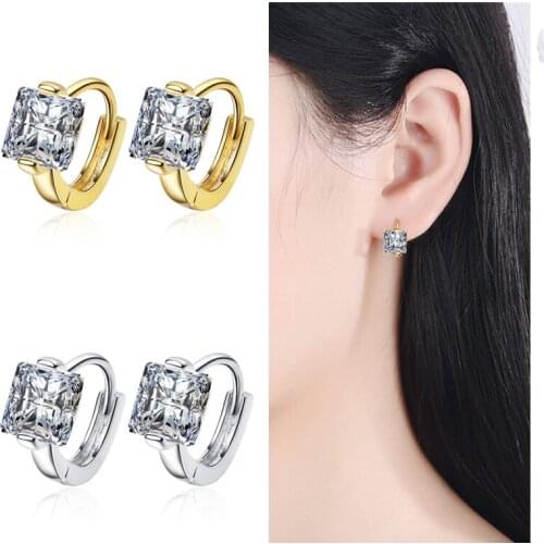 100% Sterling Silver 925 Earring Women Jewelry Shiny Crystal Sqaure Gold Accessories Hoop Earrings Feamle Wedding Party Bijou