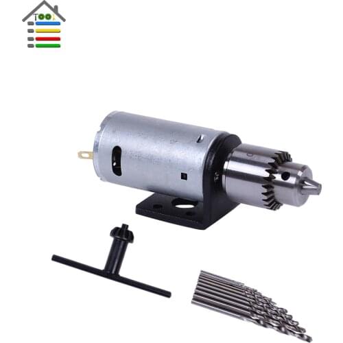 Mini DC 3-12V Electric Motor Wood PCB Hand Drill Press Drilling Set with 10PC 0.5-3mm Twist Bits and JTO Chucks Bracket Stand
