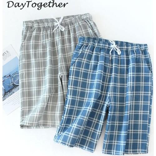 Men Plaid Shorts Pajama Pants Loose Cotton Pajamas Summer Home Wear Pijama Shorts