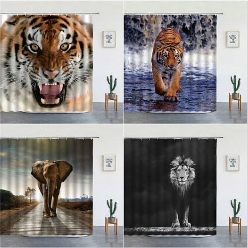 Elephant Leopard Lion Tiger Shower Curtains Set African Animal Wall Hanging Bathroom Decor Bathtub Screen With Hooks Boys Gift