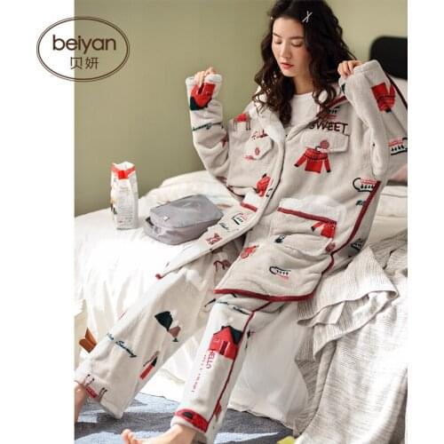 Autumn And Winter Pajama Womens Coral Fleect Warm Set Long Sleeve Sleeve Cartoon Flannel Homewear Set