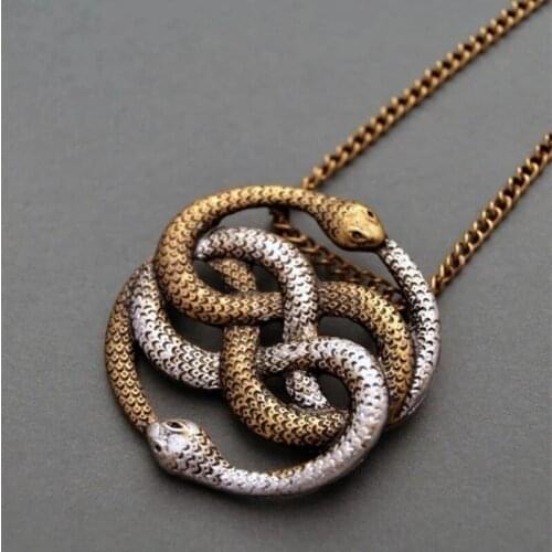 Simple Retro Creative Snake Pendant Necklace Two-color Double Snake Winding Pendant Mens Party Necklace Gift