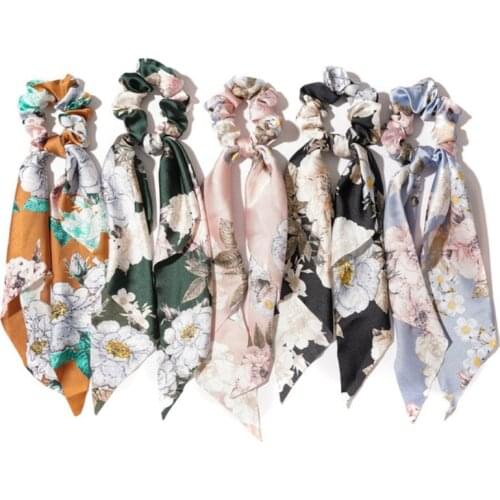 5pcs Fashion Floral Print Scrunchies Hair ribbon For Women Ponytail scarf Satin Silk Elastic Hair Bands Hair Accessories
