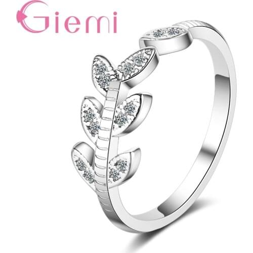 925 Sterling Silver Ring Size Adjustable Symple Style Leaf Design Sparking Cubic Zirconia Fashion Jewelry Girls Party Engagement