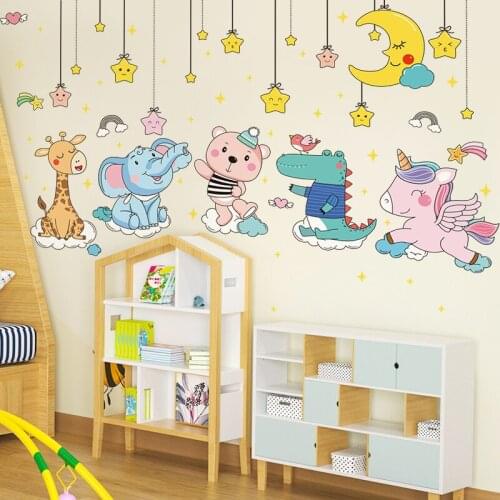 [shijuekongjian] Animals Wall Stickers DIY Cartoon Stars Moon Wall Decals for Kids Rooms Baby Bedroom Nursery House Decoration