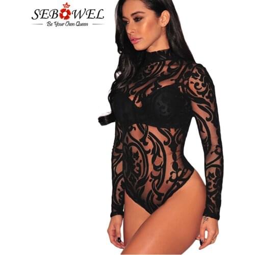 SEBOWEL Sexy Sheer Black Mesh Bodysuit Women Long Sleeve Bodysuit Overalls Body Tops for Woman Combinaison Femme Blusa Salopette