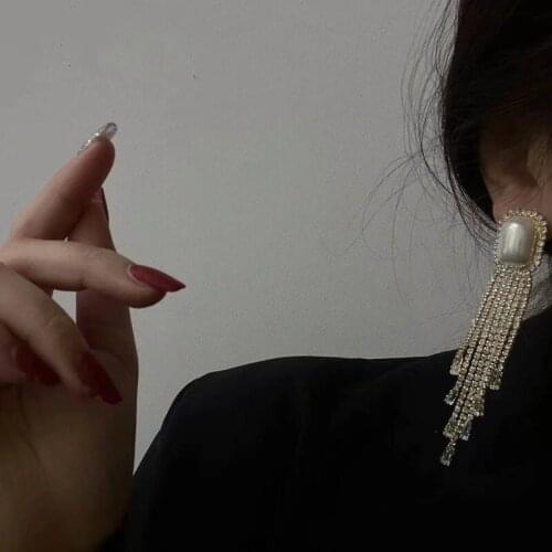 TIMEONLY Hyperbole Sparkly Rhinestone Chains Tassel Dangle Earring Oversize Imitation Pearl Earrings for Women Festival Jewelry