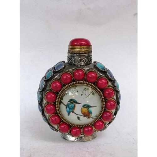 YIZHU CULTUER ART Collection Old Chinese Tibet Silver Hand Inlay Jewelry Painting Flowers and Birds Snuff Bottle Decoration