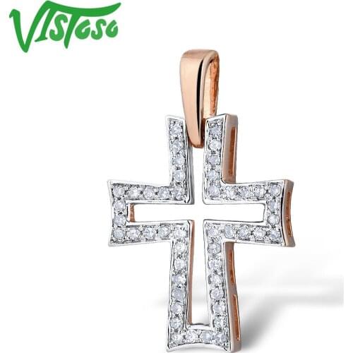 VISTOSO Gold Pendants For Women Authentic 14K 585 Rose Gold Sparkling Diamond Hollow Cross Concise Necklace Pendant Fine Jewelry