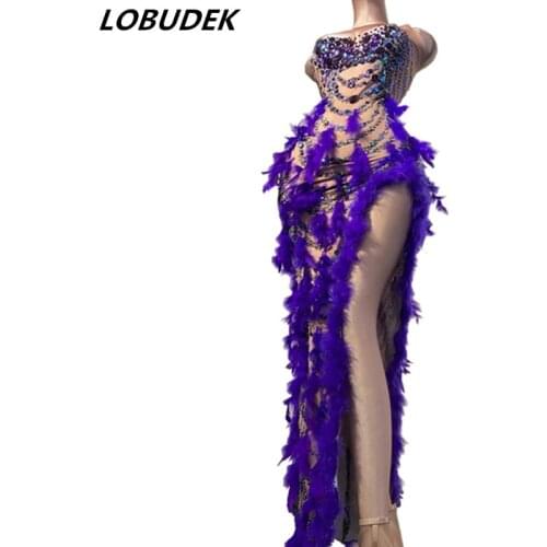 New Sexy Nightclub Bar Dance Costume Purple Sequins Feather Slit Long Dress Women Lead Dancer Party Performance Stage Wear