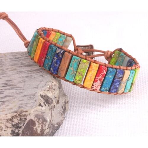 Natural Stone Single Leather Rope Wrap Bracelet Women Beaded Couples Bracelet Pulsera Cuenta Cuadrados Colores