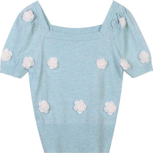 Summer 2021 3D Flower Knitted Sweater Square Neck Short Sleeve T-Shirt Round Neck Puff Sleeve Sweet T-Shirt Women