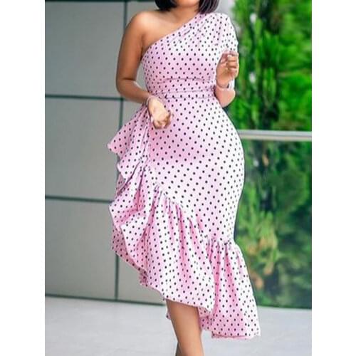 Women Sexy One Shoulder Irregular Pink Dresses Print Polka Dot Plus Size High Waist Ruffles Midi Length Summer Event Club Dress