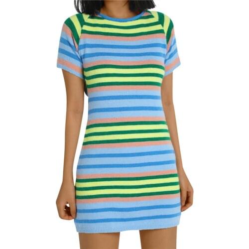 Women Summer Dress Stripes Round-Neck Short Sleeves Form-Fitting Knitted Backless Short Mini Dresses 2021 New Sale Streetwear