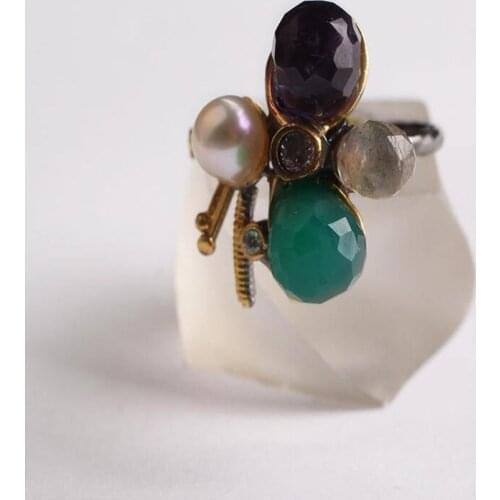 Green and Purple Zircon Pearl Gold Plated Womens Silver Ring, Woman 925 Silver Zircon Handmade Ring, MultiColor Oval Zircon Ring