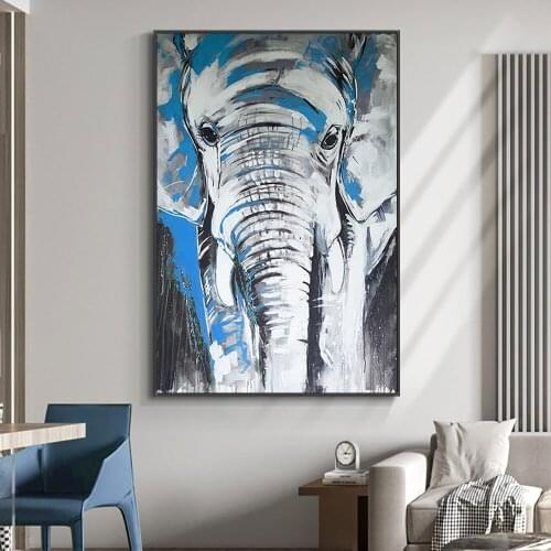 Abstract Grey With Blue Elephant Oil Painting On Canvas 100% Hand Painted Animal Canvas Wall Art For Kids Room Home Decoration
