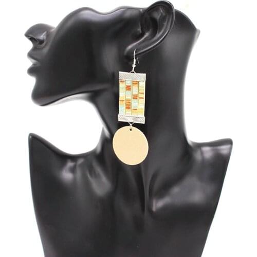 Big Circle Square Earrings Vintage Round Leather Dangle Earring Geometric Leather Print Earrings For Women