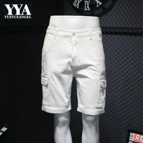 Mens Pockets Cargo Trousers Knee Length Summer Loose Fit Straight Denim Shorts Casual Male Fashion Black White Beach Shorts 36
