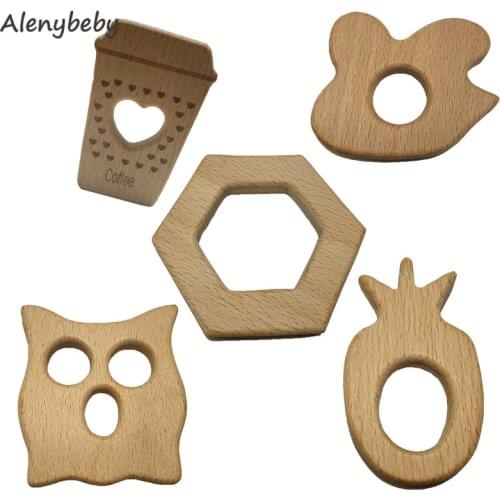 Baby Teether Handmade Beech Wooden Teether Infant Teething Toys DIY Crafts Pendant Chewable Pacifier Chain Accessories