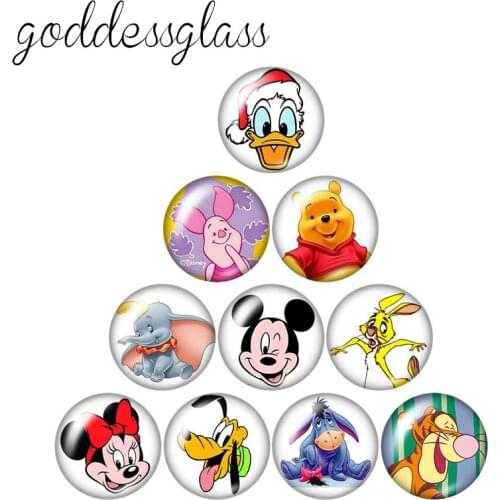 Disney Mickey Minnie Pooh Donald Piglet 10pcs 12mm/18mm/20mm/25mm Round photo glass cabochon flat back Necklace Making findings