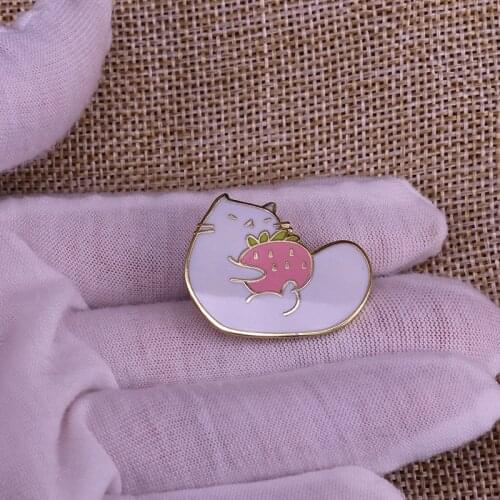 White Cat And Pink Strawberry Enamel Pin Cute Pretty Brooch For Lapel Scarf Badge