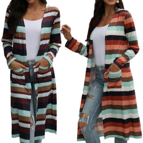 Plus Size Fashion Women Knitted Vest Cardigan Colorful Stripe Printed Long Sleeves Smock Loose Coat Жилет Женский Теплый