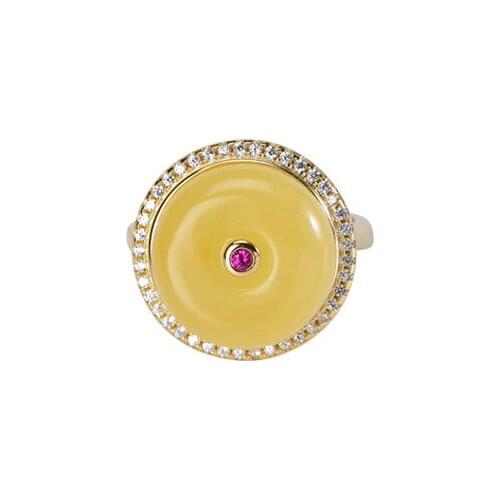 S925 sterling silver gold plated Natural Amber Beeswax Ring Retro Temperament Peace buckle Ladies Open ring