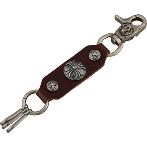 Punk Gothic Men Skull Leather Keychain Vintage Metal Cross Skeleton Pendant Bag Pant Car Keys Keyring HipHop Fashion Accessories