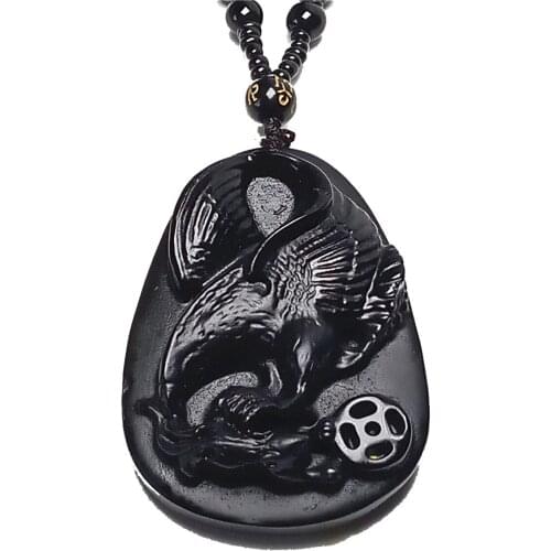 Koraba Natural Obsidian Carved Eagle Jade Pendant Necklace