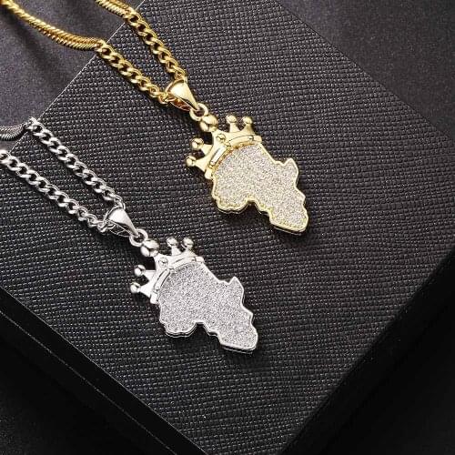 Hip Hop Trendy Shiny Cubic Zircon Paved Map Of Africa Crown Pendant Necklace For Women Temperament Jewelry Gifts Cuban Chain