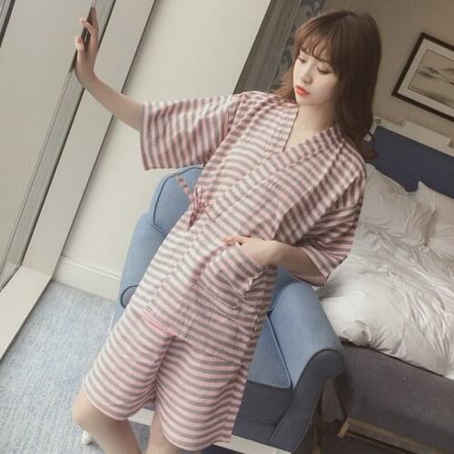 Spring Autumn Day Lovely Pure Cotton Kimono Pajama Cardigan Thin Sweat Steam Suit Long Sleeve Korean Version Home Service Suit