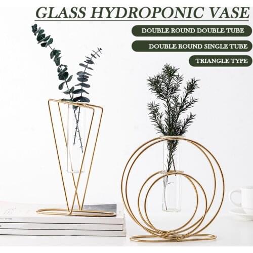 1PC Nordic Style Simple Geometric Metal Iron Art Transparent Glass Hydroponics Vase Decoration Accessories For Homes Decoration