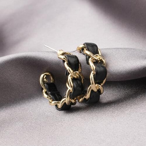 Minar Minimalist Chunky Gold Color Twist Chain Earrings for Women Twisted Link Black Leather Open Hoop Earrings Party Jewelry