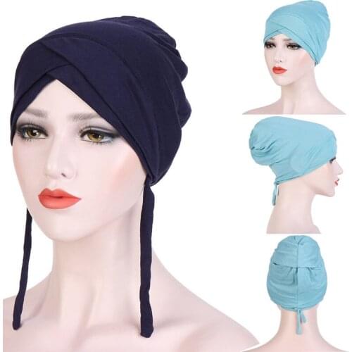 Criss Cross Plain Underscarf Bonnet with Bandages Muslim Soft Cotton Under Cap Women Stretchy Inner Hijab Turban Head Wear Hats