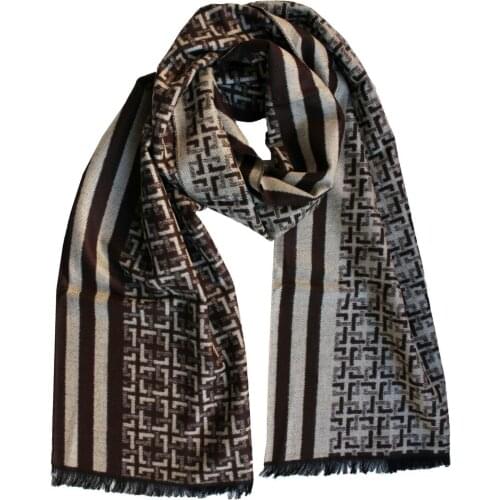 Mens Brown Silk Scarf Reversible Scarf Men With Striped Lines Checkered Fringes Winter Warm Soft
