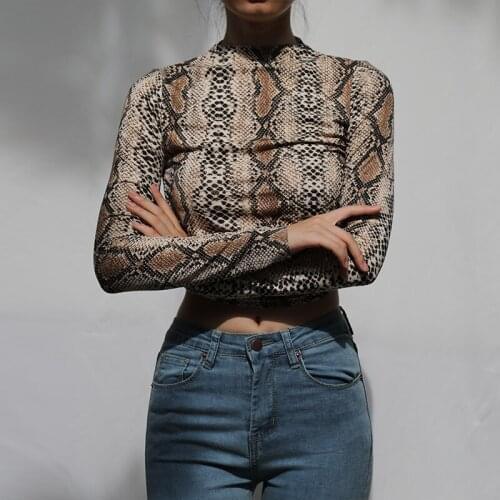 Women 2021NEW Snakeskin Pattern Sexy Full Sleeve Base Backless Turtleneck Tie Leopard Top Zebra Print Cropped T-shirt Tops S785