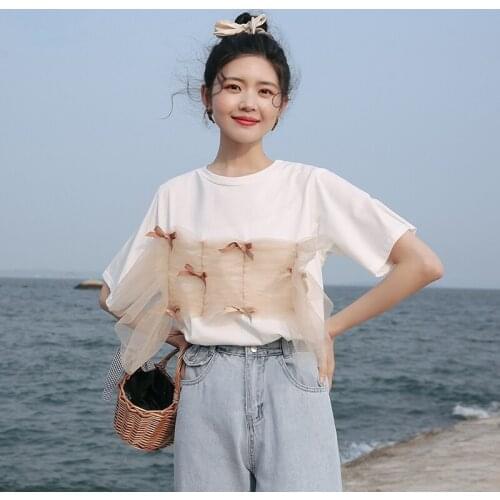 Woman Tshirts Butterfly Korean Sweet Summer New Female Tees Fashion Casual Loose Short Sleeve Solid O-Neck Sleeve Femme Tops