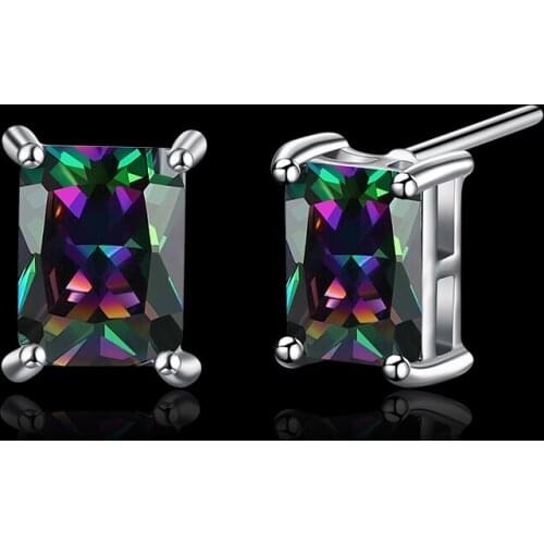 Rectangle Earrings Multicolor Cubic Zirconia Silver Color Overlay Stud Earrings For Women Fashion Jewelry AE2050