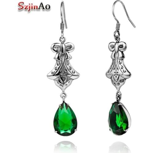 Szjinao Beautiful Water Drop 925 Silver Elegant Wedding Earrings Bohemia Austrian Earrings Emerald Long Earrings for Women