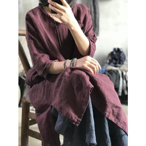 Women Loose V Neck Ripped Half Sleeve Dress Ladies Linen Dresses Female 2021 Flax Dress Summer Autumn