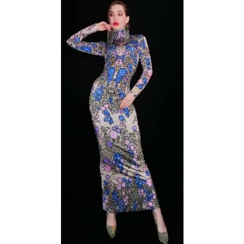 Designer Rhinestone Floral Party Long Dress Women Birthday Wedding Celebration Bodycon Dress Sexy Evening Gown Stage Costumes