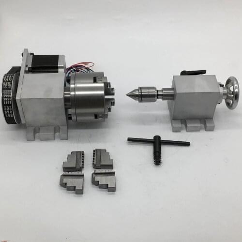 4 Axis Rotation A Axis Extend Rotary 4 Jaw 100mm K12-100 Chuck & Nema23 Motor & MT2 Tailstock for Wood Metal Plastic CNC Milling