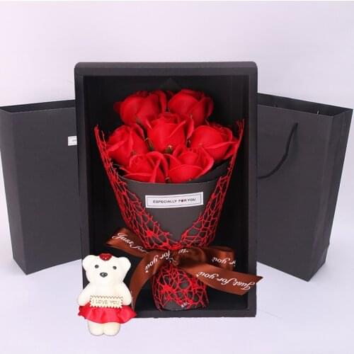 7pcs Soap Rose Bouquet Rose Bear Artificial Flowers Bouquet with Box Rose Flowers for Girlfriend Valentines Day Birthday Gift