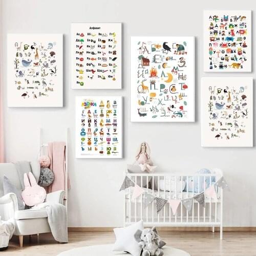 Alphabet Wall Art Poster Baby Nursery Wall Art Animal Letter Nordic Canvas Painting Language Educational Picture Kids Room Decor