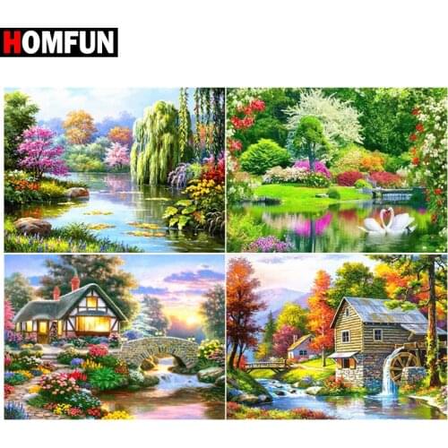 HOMFUN 5d Diamond Painting Full Square/Round "Lake house tree" Picture Of Rhinestone DIY Diamond Embroidery Home Decor