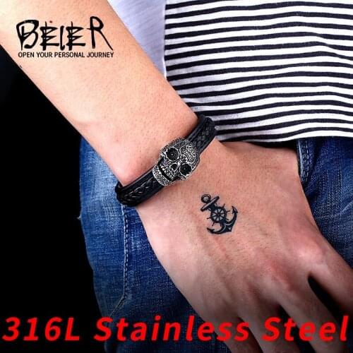 BEIER Wholesale Dropshipping Skull Bangle Mans High Quality Genes Simple Style Leather Bracelet For Man BC-L024