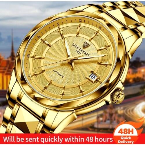 LIGE new mechanical watch mens personality full gold fashion business mens watch 50 meters life waterproof automatic watch Man