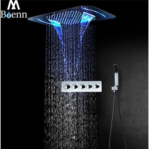 M Boenn 4 Functions Shower System Bathroom Thermostatic Faucets Embedded Ceiling Waterfall LED Shower Head Brass Concealed Mixer