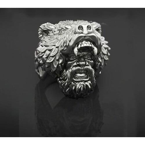 Classic Men Black Silver Color Unique Viking Bear Head Ring Biker Rings Vintage Punk Mens Ring Fashion Jewelry