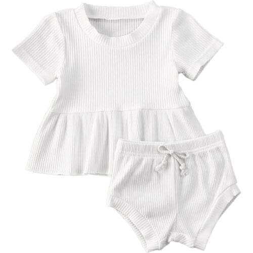 Baby Summer Clothing Infant Newborn Baby Girls 2Pcs Set Ribbed Outfits Short Sleeve Shirt Dress Tops Shorts Bottoms Outfit 0-24M